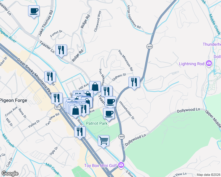 map of restaurants, bars, coffee shops, grocery stores, and more near 3062 Veterans Boulevard in Pigeon Forge