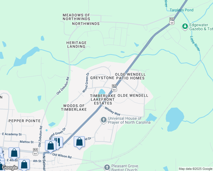 map of restaurants, bars, coffee shops, grocery stores, and more near 505 Wood Green Drive in Wendell