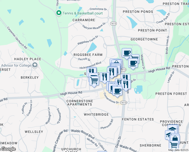 map of restaurants, bars, coffee shops, grocery stores, and more near 81 Cornerstone Drive in Cary