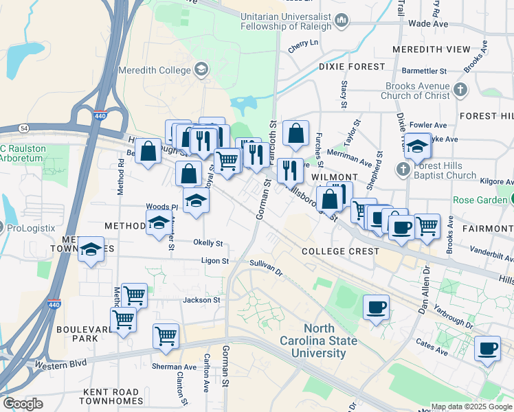map of restaurants, bars, coffee shops, grocery stores, and more near 3519 Neil Street in Raleigh