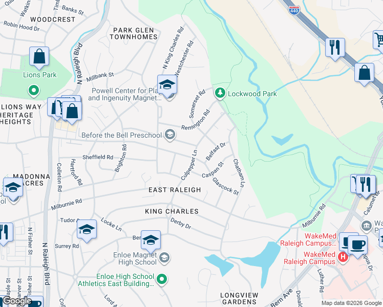 map of restaurants, bars, coffee shops, grocery stores, and more near in Raleigh