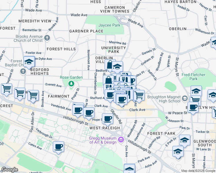 map of restaurants, bars, coffee shops, grocery stores, and more near 601 Oberlin Road in Raleigh