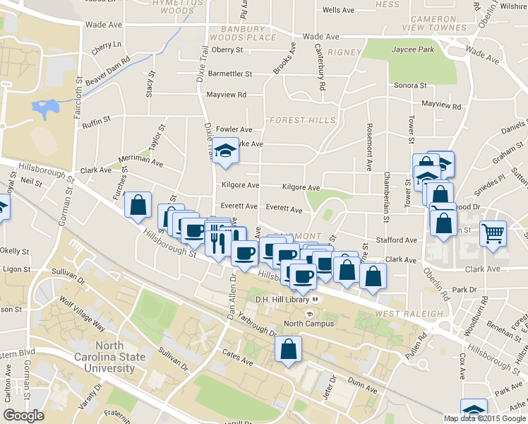 map of restaurants, bars, coffee shops, grocery stores, and more near 2720 Clark Avenue in Raleigh