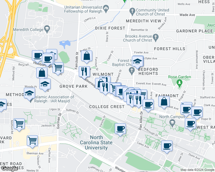 map of restaurants, bars, coffee shops, grocery stores, and more near 12 Henderson Street in Raleigh