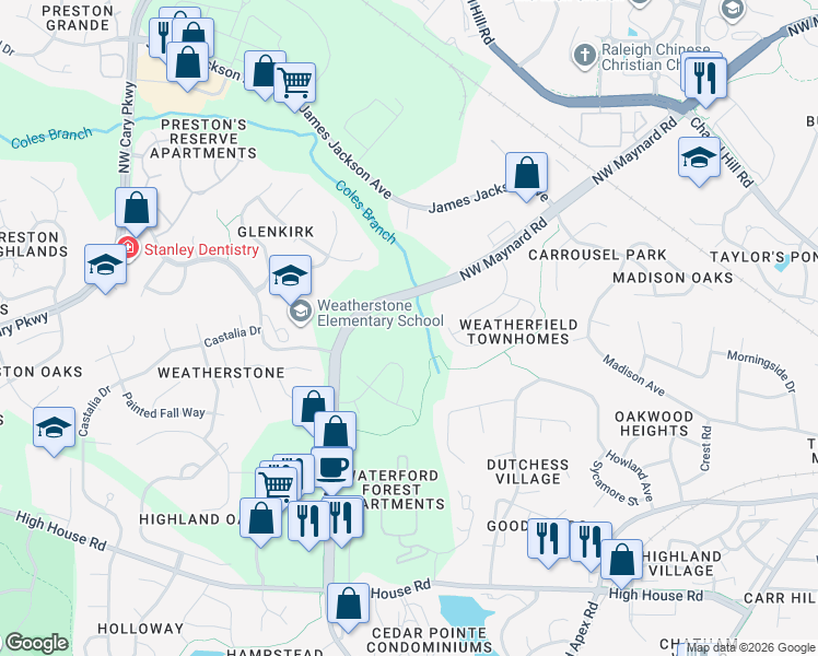 map of restaurants, bars, coffee shops, grocery stores, and more near 522 Weather Ridge Lane in Cary