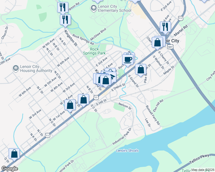 map of restaurants, bars, coffee shops, grocery stores, and more near 109 Lee Highway in Lenoir City