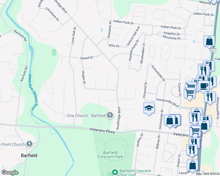 map of restaurants, bars, coffee shops, grocery stores, and more near 3806 Southridge Boulevard in Murfreesboro