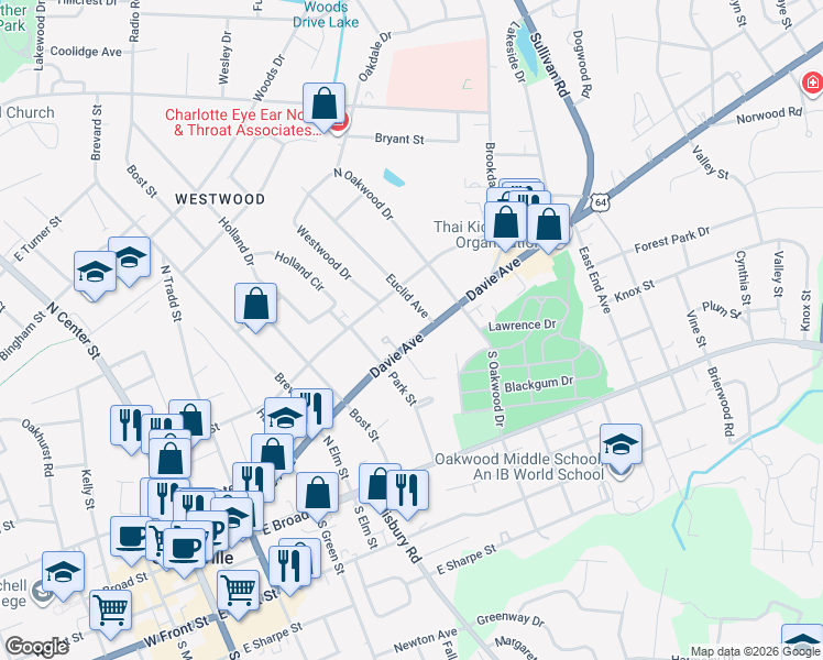 map of restaurants, bars, coffee shops, grocery stores, and more near 633 Davie Avenue in Statesville