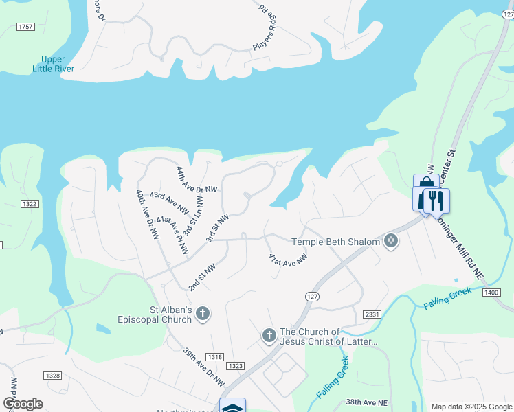 map of restaurants, bars, coffee shops, grocery stores, and more near 4340 3rd Street Northwest in Hickory