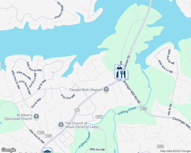 map of restaurants, bars, coffee shops, grocery stores, and more near 4387 1st Street Drive Northwest in Hickory