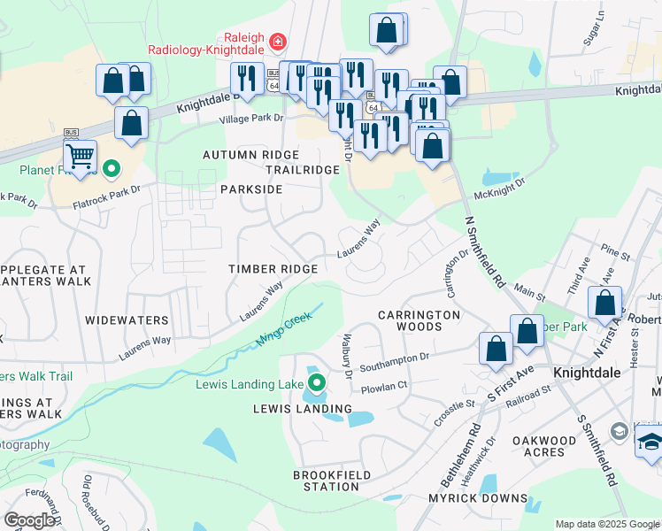 map of restaurants, bars, coffee shops, grocery stores, and more near 108 Summershade Court in Knightdale