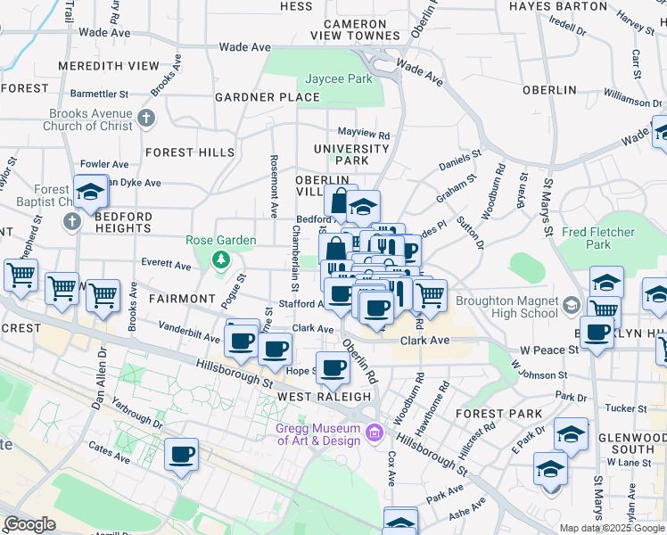 map of restaurants, bars, coffee shops, grocery stores, and more near 601 Oberlin Road in Raleigh