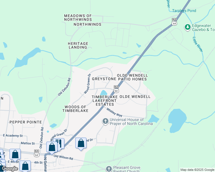map of restaurants, bars, coffee shops, grocery stores, and more near 505 Wood Green Drive in Wendell