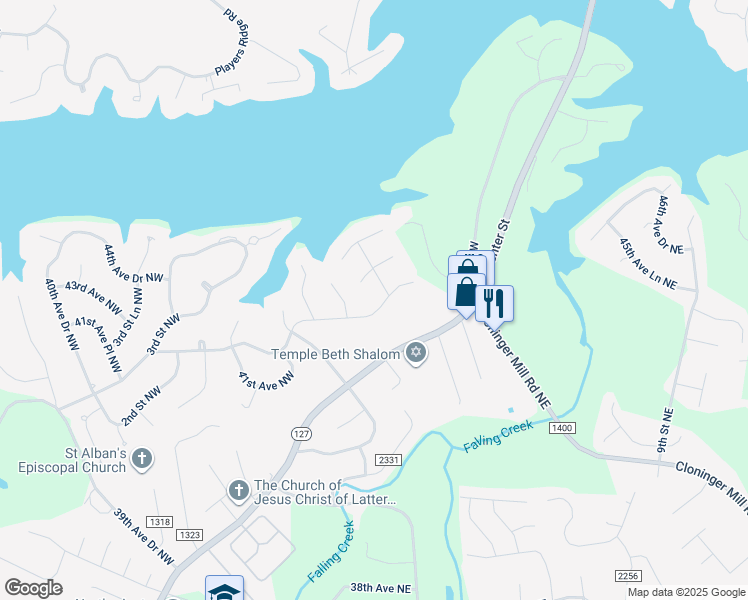 map of restaurants, bars, coffee shops, grocery stores, and more near 4387 1st Street Drive Northwest in Hickory
