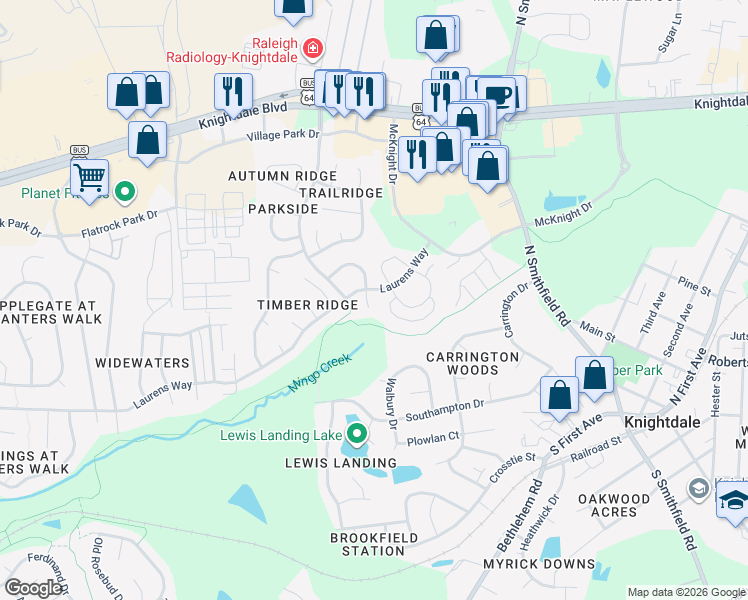 map of restaurants, bars, coffee shops, grocery stores, and more near 108 Summershade Court in Knightdale