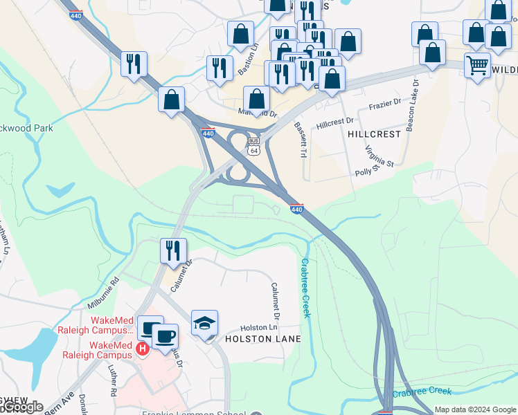 map of restaurants, bars, coffee shops, grocery stores, and more near 3222 Pridwen Circle in Raleigh