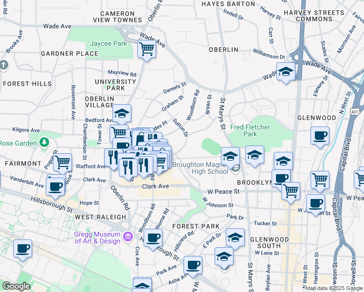 map of restaurants, bars, coffee shops, grocery stores, and more near in Raleigh