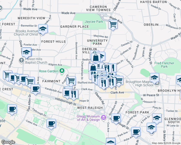 map of restaurants, bars, coffee shops, grocery stores, and more near 2305 Everett Avenue in Raleigh