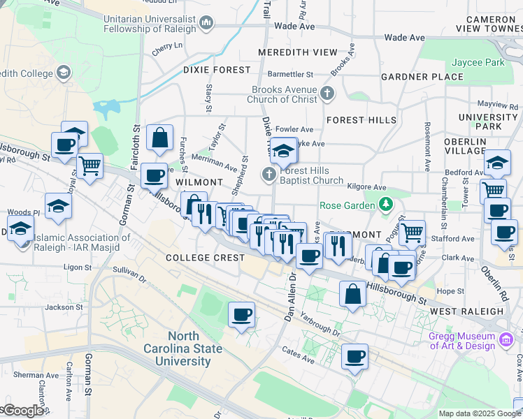 map of restaurants, bars, coffee shops, grocery stores, and more near 24 Daisy Street in Raleigh