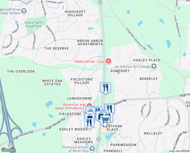 map of restaurants, bars, coffee shops, grocery stores, and more near 107 West Acres Crescent in Cary
