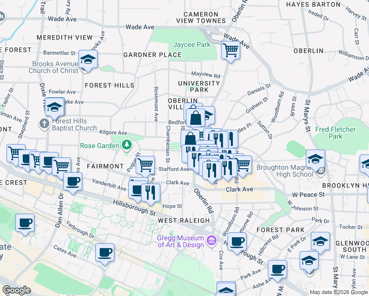 map of restaurants, bars, coffee shops, grocery stores, and more near 2305 Everett Avenue in Raleigh