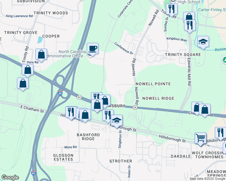 map of restaurants, bars, coffee shops, grocery stores, and more near 710 Corporate Center Drive in Raleigh