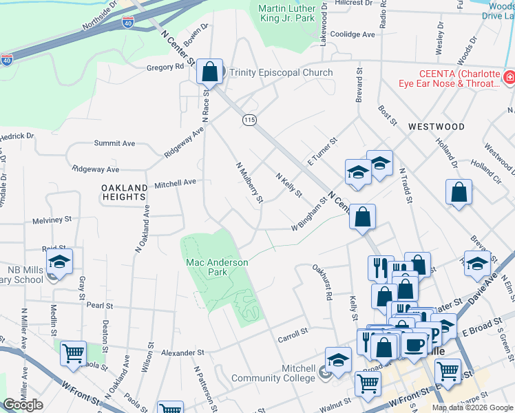 map of restaurants, bars, coffee shops, grocery stores, and more near 536 North Mulberry Street in Statesville