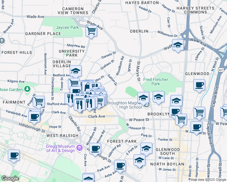 map of restaurants, bars, coffee shops, grocery stores, and more near in Raleigh