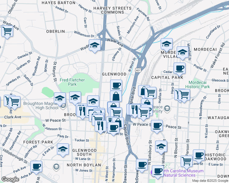 map of restaurants, bars, coffee shops, grocery stores, and more near 502 Cleveland Street in Raleigh