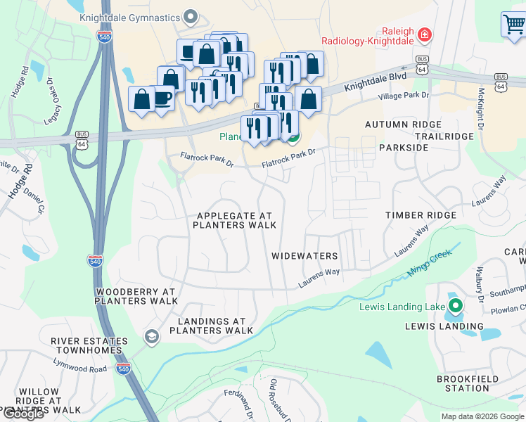 map of restaurants, bars, coffee shops, grocery stores, and more near 1032 Delta River Way in Knightdale