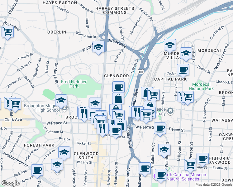 map of restaurants, bars, coffee shops, grocery stores, and more near 502 Cleveland Street in Raleigh