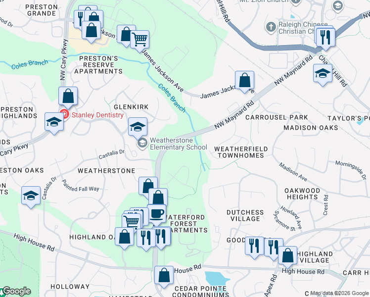 map of restaurants, bars, coffee shops, grocery stores, and more near 522 Weather Ridge Lane in Cary