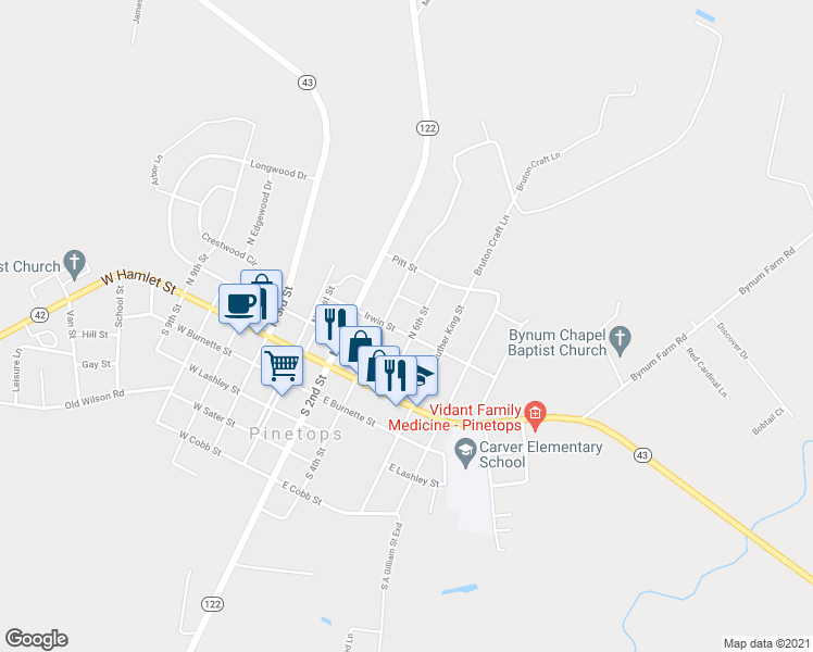 map of restaurants, bars, coffee shops, grocery stores, and more near 309 Irwin Street in Pinetops