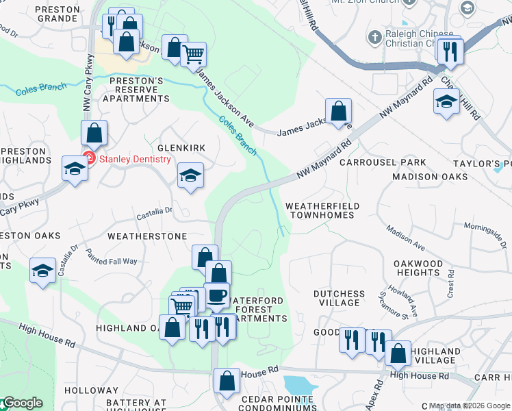 map of restaurants, bars, coffee shops, grocery stores, and more near 522 Weather Ridge Lane in Cary