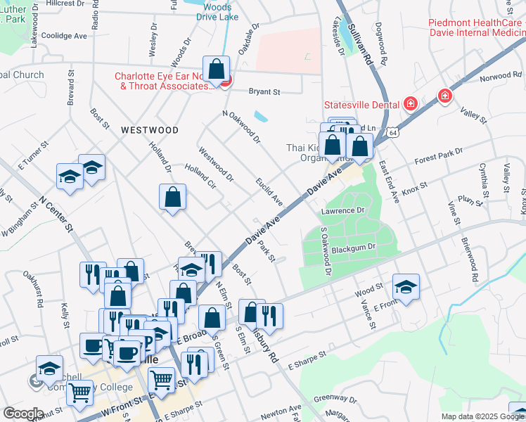 map of restaurants, bars, coffee shops, grocery stores, and more near 627 Davie Avenue in Statesville