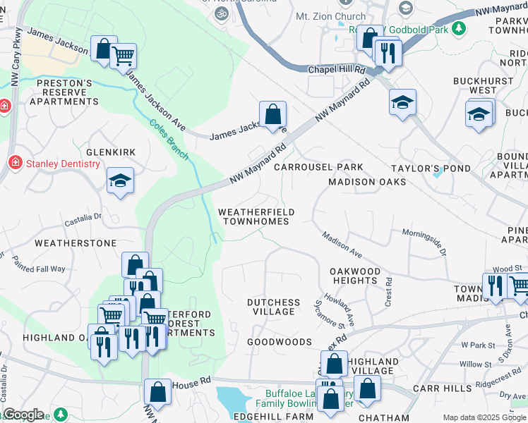 map of restaurants, bars, coffee shops, grocery stores, and more near 1032 Contessa Drive in Cary