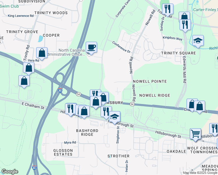 map of restaurants, bars, coffee shops, grocery stores, and more near 710 Corporate Center Drive in Raleigh