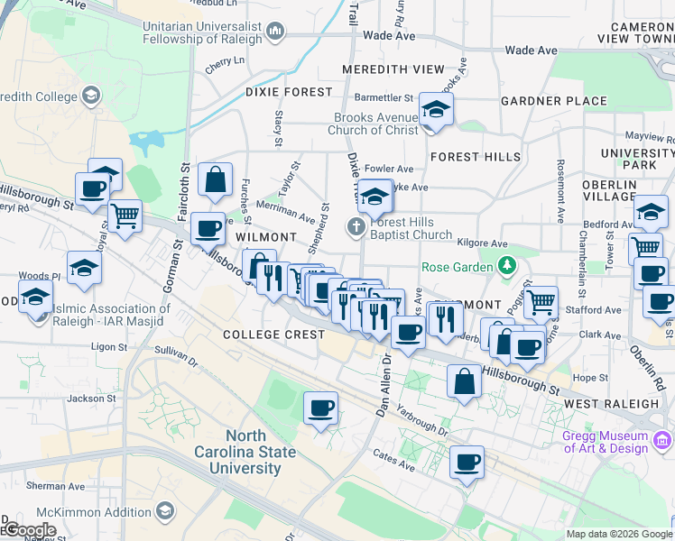 map of restaurants, bars, coffee shops, grocery stores, and more near 24 Daisy Street in Raleigh