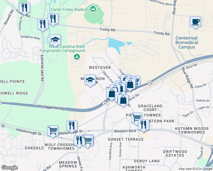 map of restaurants, bars, coffee shops, grocery stores, and more near 5410 Dorcas Street in Raleigh