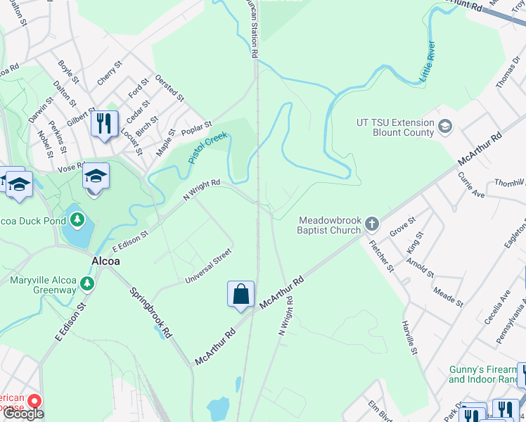 map of restaurants, bars, coffee shops, grocery stores, and more near 955 North Wright Road in Alcoa