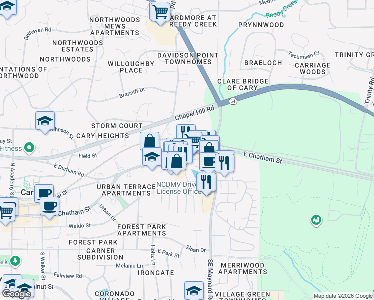 map of restaurants, bars, coffee shops, grocery stores, and more near 746 East Chatham Street in Cary