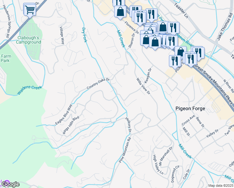 map of restaurants, bars, coffee shops, grocery stores, and more near 335 Keegan Drive in Pigeon Forge