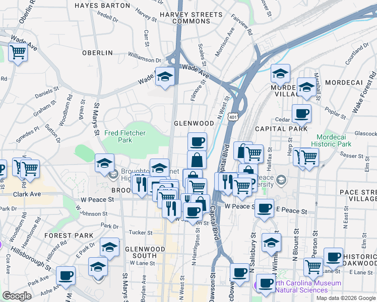 map of restaurants, bars, coffee shops, grocery stores, and more near 501 Cleveland Street in Raleigh