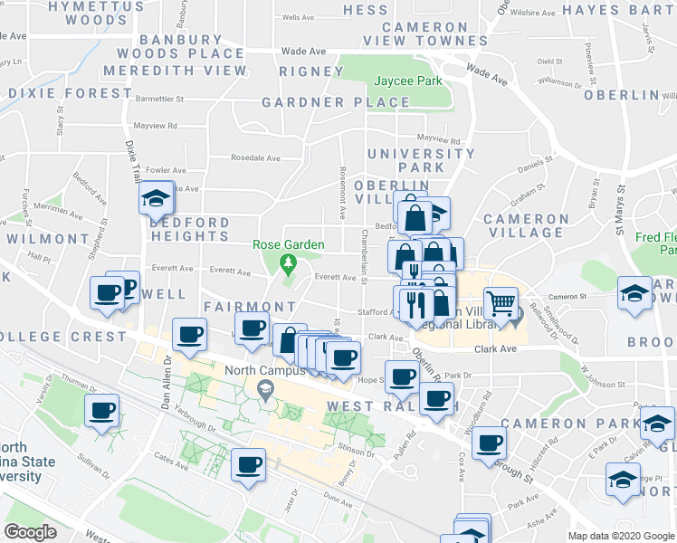 map of restaurants, bars, coffee shops, grocery stores, and more near 2409 Everett Avenue in Raleigh