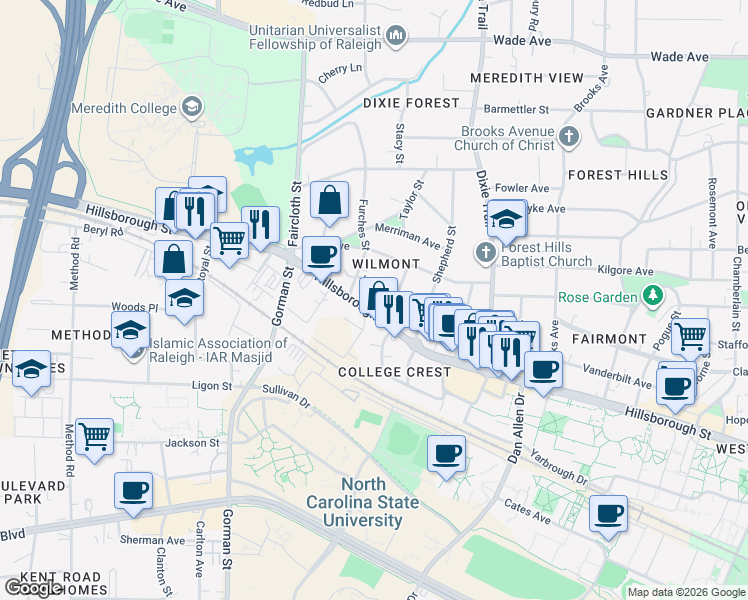 map of restaurants, bars, coffee shops, grocery stores, and more near 3305 Hillsborough Street in Raleigh