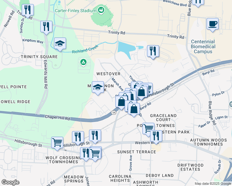 map of restaurants, bars, coffee shops, grocery stores, and more near 5407 Dorcas Street in Raleigh