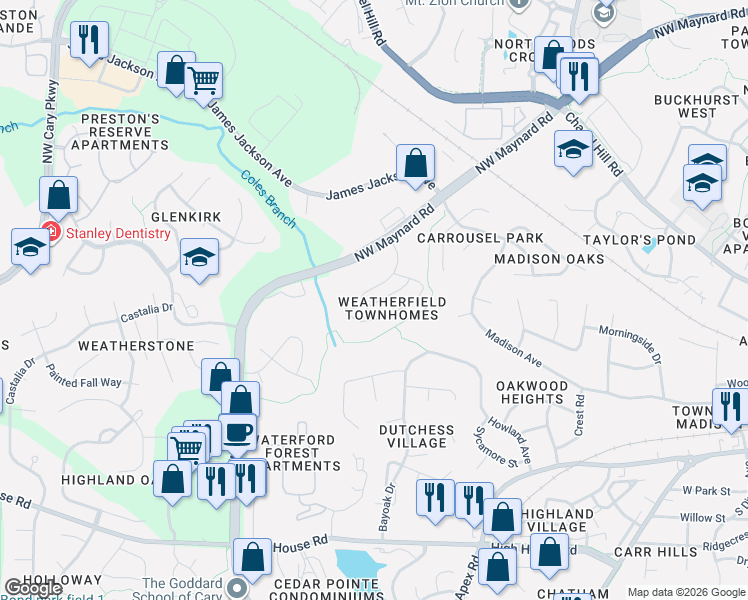 map of restaurants, bars, coffee shops, grocery stores, and more near 1134 Contessa Drive in Cary