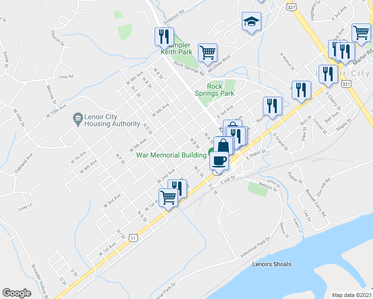 map of restaurants, bars, coffee shops, grocery stores, and more near 307 C Street in Lenoir City