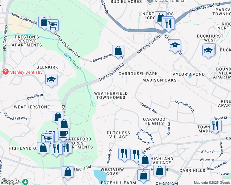 map of restaurants, bars, coffee shops, grocery stores, and more near 1028 Contessa Drive in Cary