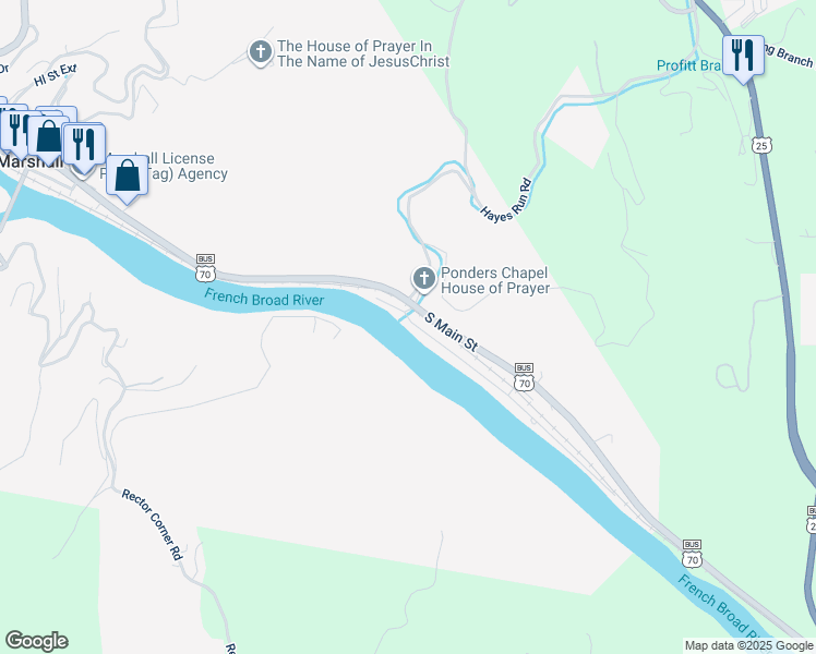 map of restaurants, bars, coffee shops, grocery stores, and more near Rollins Road in Marshall